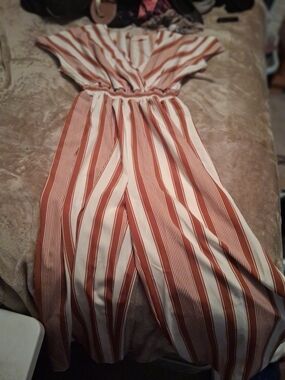 Rust and Cream Striped V-Neck Wide-Leg Jumpsuit